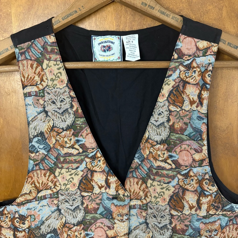 Vintage Cat Tapestry Patchwork Vest Retro Y2K 90s Cottagecore Grandma Kitty Mod - Picture 5 of 16